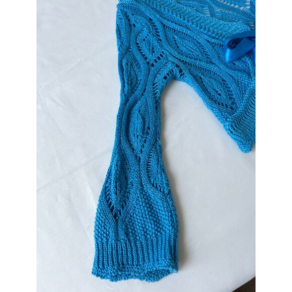 VTG Y2K American Attitudes sweater sz Med cropped flare sleeve crochet wrap blue - Picture 10 of 11